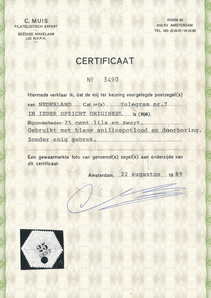 Holanda 1877 Selo Telegram 25 centavos NVPH TG7 Carimbado com certificado