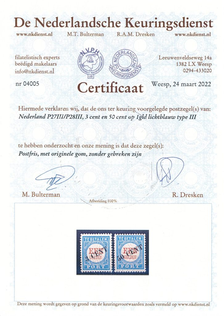 Paesi Bassi 1906-1910 Francobolli soprastampa NVPH P27-P28 MNH - con certificato -