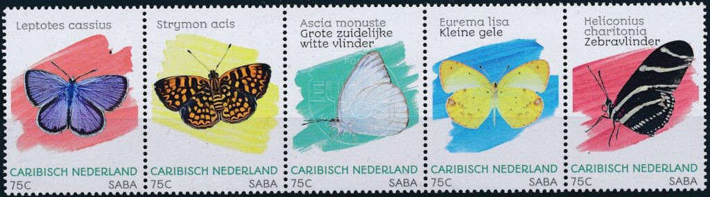 Karaiby Holandia 2020 Motyle Saba pasek 5 znaczków NVPH 229 MNH