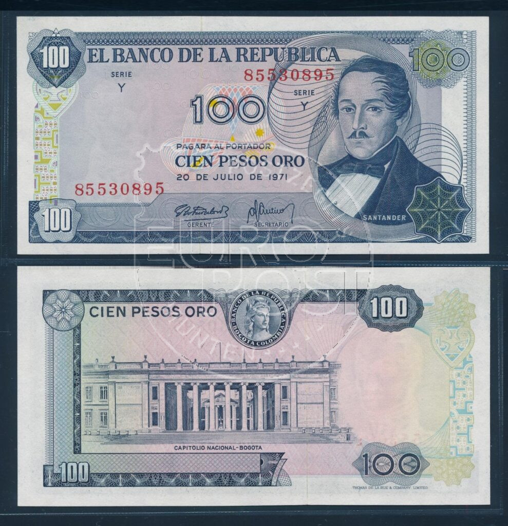 Colômbia 1971 Nota de 100 Pesos Oro UNC