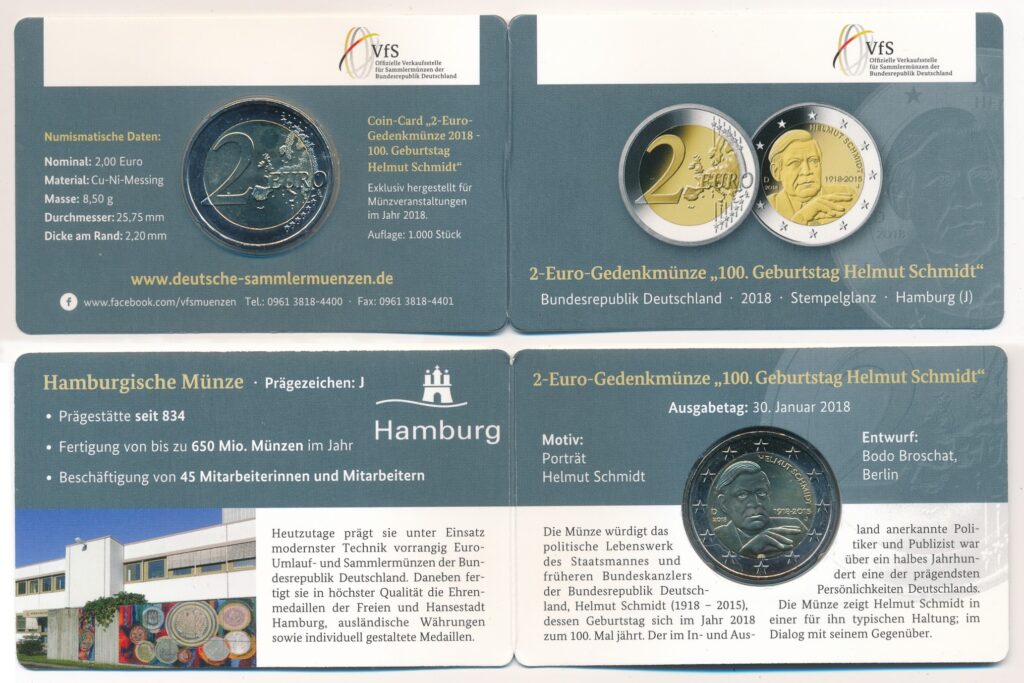Alemania 2018 2 Euros Helmut Schmidt J en Coincard