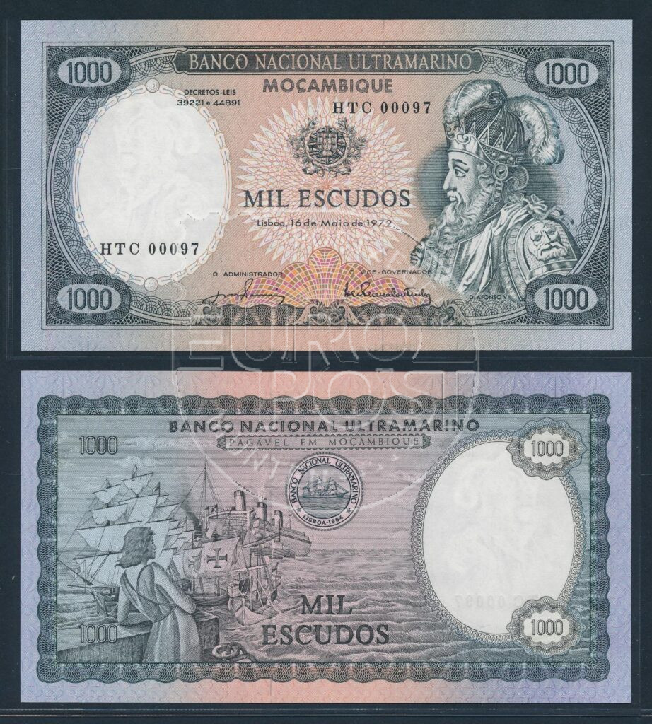 Banknot 1972 Escudo z Mozambiku z 1000 r. Niski numer seryjny UNC