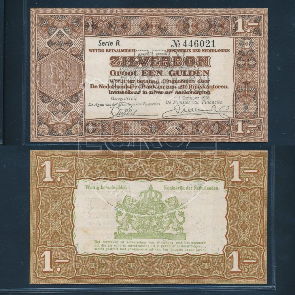 Nederland 1938 1 Gulden Zilverbon 1 Letter Pracht ex.