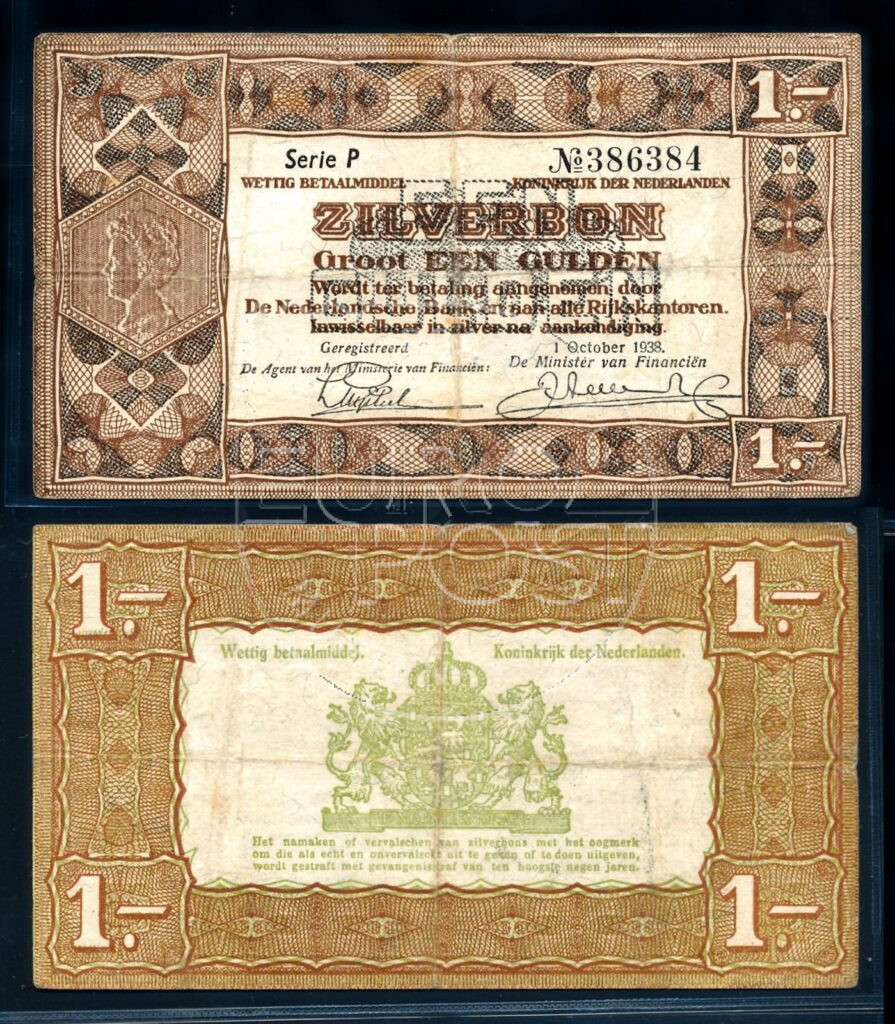 Nederland 1938 1 Gulden Zilverbon 1 letter Fraai ex.