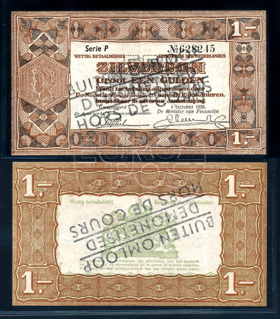 Países Bajos 1938 1 Gulden Zilverbon Pie de imprenta fuera de circulación. Hermosa ex.