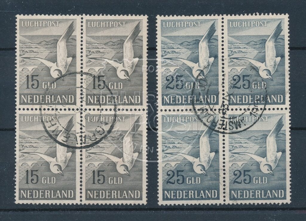Nederland 1951 Luchtpost Zeemeeuw NVPH LP12-LP13 in Gestempelde blokken van 4 SCHAARS