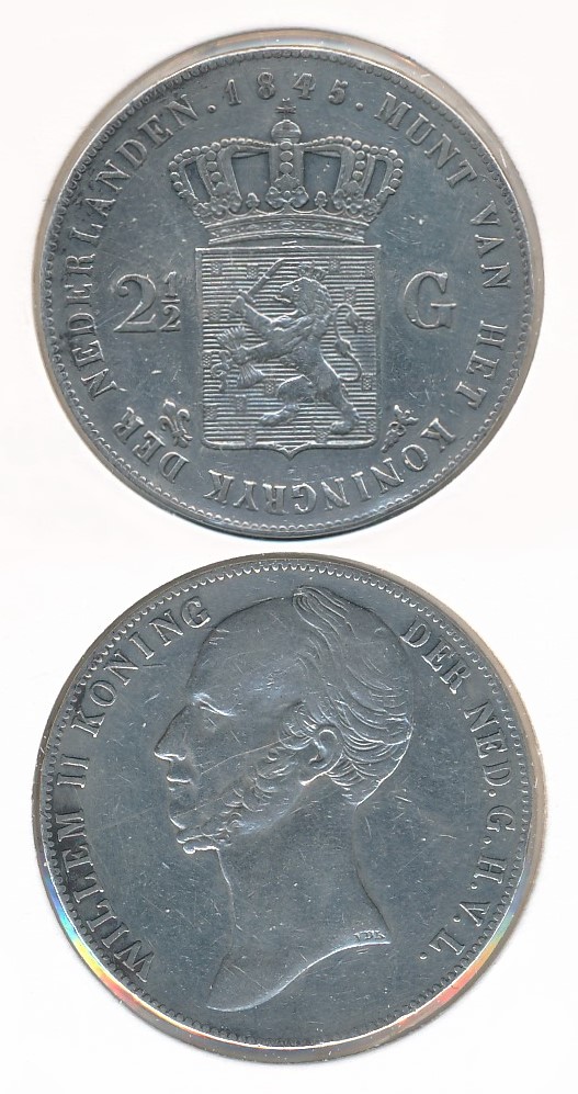 Niederlande 1845 WIIllem II – 2½ Gulden – mit Streifen – Sehr gut