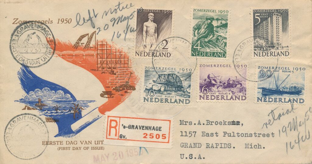 Holandia 1950 FDC Summer z wpisanym adresem E1