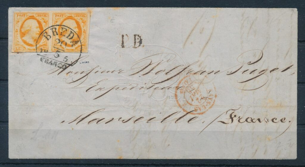 Países Bajos 1855 Carta plegable de Etten y Leur vía Breda y París Marsella con pareja NVPH 3