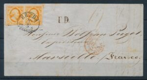 Nederland 1855 Vouwbrief van Etten en Leur via Breda en Parijs Marseille met paartje NVPH 3
